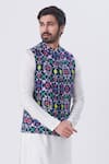 Buy MR. Ajay Kumar Blue Linen Floral Motif Jaal Printed Nehru Jacket at Aza Fashions Buy_MR. Ajay Kumar_Blue Linen Floral Motif Jaal Printed Nehru Jacket _at_Aza_Fashions