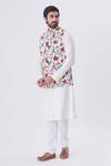 MR. Ajay Kumar White Cotton Satin, Lycra Floral Motif Printed Nehru Jacket Online at Aza Fashions MR. Ajay Kumar_White Cotton Satin, Lycra Floral Motif Printed Nehru Jacket _Online_at_Aza_Fashions