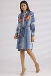 Shop MR. Ajay Kumar Blue Cotton Stand Collar Striped Shirt Dress Online at Aza Fashions Shop_MR. Ajay Kumar_Blue Cotton Stand Collar Striped Shirt Dress _Online_at_Aza_Fashions
