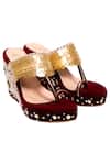 Buy_Nidhi Bhandari_Maroon Pearls, Sequins Embroidered Velvet Kolhapuri Wedges _at_Aza_Fashions