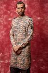 Qbik_Beige Kurta Cotton Viscose Printed Pathani Set _Online_at_Aza_Fashions