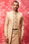 Qbik_Beige Cotton Viscose Printed Jacket Kurta Set _Online_at_Aza_Fashions