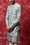 Qbik_Blue Chanderi Silk Nehru Jacket Set_Online_at_Aza_Fashions
