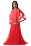 Kommal Sood_Red Organza, Net, Lace Embroidery Embellished Lehenga Set With Cape_Online_at_Aza_Fashions