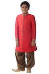 Buy_Kommal Sood_Red Cotton, Silk Embroidery Sherwani Kurta Set_at_Aza_Fashions