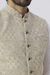 Gaurav Katta_Beige Linen Block Print Bundi _at_Aza_Fashions