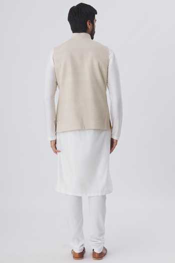 Shop_Gaurav katta_Beige Handloom Silk Nehru Jacket _at_Aza_Fashions