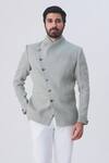 Buy_Gaurav Katta_Grey Overlap Silk Jute Bandhgala_at_Aza_Fashions