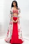 Shop_Mrunalini Rao_Red Chiffon Printed Jacket Lehenga Set_at_Aza_Fashions