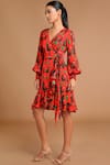 Shop_Masaba_Red Chinon Chiffon V Neck Printed Wrap Dress _Online_at_Aza_Fashions