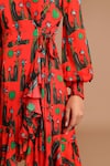 Masaba_Red Chinon Chiffon V Neck Printed Wrap Dress _at_Aza_Fashions