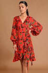 Masaba_Red Chinon Chiffon V Neck Printed Wrap Dress _Online_at_Aza_Fashions