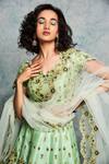 Shop_Nadima Saqib_Green Raw Silk, Tulle Net Leaf Neck Embroidered Lehenga Set _at_Aza_Fashions