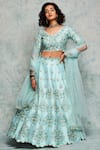 Buy_Nadima Saqib_Blue Raw Silk, Tulle Net V Neck Embroidered Lehenga Set _at_Aza_Fashions
