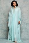 Buy_Nadima Saqib_Blue Viscose Cotton Stand Collar Embroidered Kaftan _at_Aza_Fashions