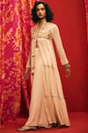 Buy_Nadima Saqib_Beige Viscose Cotton Mandarin Collar Embroidered Long Jacket _at_Aza_Fashions