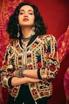 Shop_Nadima Saqib_Black Denim Band Collar Embroidered Jacket _at_Aza_Fashions