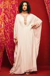 Buy_Nadima Saqib_White Viscose Cotton Mandarin Collar Embroidered Kaftan _at_Aza_Fashions