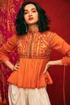 Buy_Nadima Saqib_Orange Chanderi, Viscose Cotton Mandarin Collar Kedia Top _at_Aza_Fashions