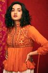 Nadima Saqib_Orange Chanderi, Viscose Cotton Mandarin Collar Kedia Top _Online_at_Aza_Fashions