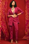 Buy_Nadima Saqib_Maroon Scuba Lapel Notch Embroidered Pant Set _at_Aza_Fashions