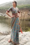 Buy_Swati Vijaivargie_Grey Bamber Satin V Neck Printed Saree With Blouse _at_Aza_Fashions