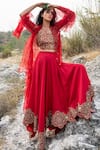 Buy_Swati Vijaivargie_Red Silk Jacket Open Cape Lehenga Set _at_Aza_Fashions