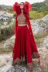 Swati Vijaivargie_Red Silk Jacket Open Cape Lehenga Set _Online_at_Aza_Fashions