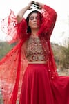 Buy_Swati Vijaivargie_Red Silk Jacket Open Cape Lehenga Set _Online_at_Aza_Fashions