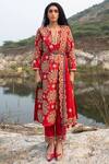 Swati Vijaivargie Red Silk Notched Kurta Pant Set Online at Aza Fashions Swati Vijaivargie_Red Silk Notched Kurta Pant Set _Online_at_Aza_Fashions