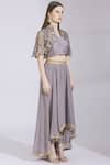 Ayesha Aejaz_Grey Georgette Mandarin Collar Embroidered Cape Blouse And Skirt Set  _Online_at_Aza_Fashions