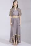 Buy_Ayesha Aejaz_Grey Georgette Mandarin Collar Embroidered Cape Blouse And Skirt Set  _Online_at_Aza_Fashions