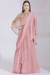 Buy_Ayesha Aejaz_Pink Georgette Cape Mandarin Collar Draped Ruffle Lehenga Saree  _at_Aza_Fashions