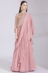 Ayesha Aejaz_Pink Georgette Cape Mandarin Collar Draped Ruffle Lehenga Saree  _Online_at_Aza_Fashions