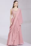 Buy_Ayesha Aejaz_Pink Georgette Cape Mandarin Collar Draped Ruffle Lehenga Saree  _Online_at_Aza_Fashions