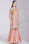 Ayesha Aejaz_Pink Raw Silk Mandarin Collar Embroidered Kurta Sharara Set  _Online_at_Aza_Fashions