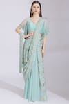 Buy_Ayesha Aejaz_Blue Chinnon V Neck Pre-draped Saree With Blouse  _at_Aza_Fashions