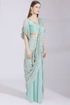 Ayesha Aejaz_Blue Chinnon V Neck Pre-draped Saree With Blouse  _Online_at_Aza_Fashions