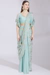 Buy_Ayesha Aejaz_Blue Chinnon V Neck Pre-draped Saree With Blouse  _Online_at_Aza_Fashions