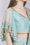 Ayesha Aejaz_Blue Chinnon V Neck Pre-draped Saree With Blouse  _at_Aza_Fashions