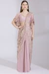 Buy_Ayesha Aejaz_Pink Chinnon V Neck Pre-draped Saree With Blouse  _at_Aza_Fashions