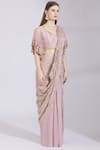 Ayesha Aejaz_Pink Chinnon V Neck Pre-draped Saree With Blouse  _Online_at_Aza_Fashions