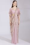 Buy_Ayesha Aejaz_Pink Chinnon V Neck Pre-draped Saree With Blouse  _Online_at_Aza_Fashions