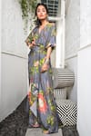 Nupur Kanoi_Grey Crepe V Neck Printed Kimono Dress  _Online_at_Aza_Fashions