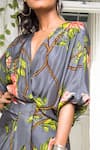 Shop_Nupur Kanoi_Grey Crepe V Neck Printed Kimono Dress  _at_Aza_Fashions