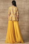 Shop_Ridhi Mehra_Yellow Raw Silk V Neck Embellished Flared Pant Set  _at_Aza_Fashions