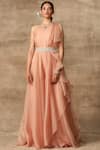 Buy_Ridhi Mehra_Peach Organza Asymmetric Ruffle One Shoulder Jumpsuit  _at_Aza_Fashions