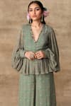 Buy_Ridhi Mehra_Green Chiffon V Neck Printed Peplum Jumpsuit  _Online_at_Aza_Fashions