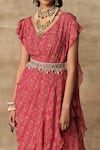 Shop_Ridhi Mehra_Pink Chiffon V Neck Pre-draped Saree Gown  _Online_at_Aza_Fashions