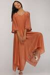 Buy_Myoho_Orange Cotton Silk Embroidered Asymmetric Kurta_at_Aza_Fashions